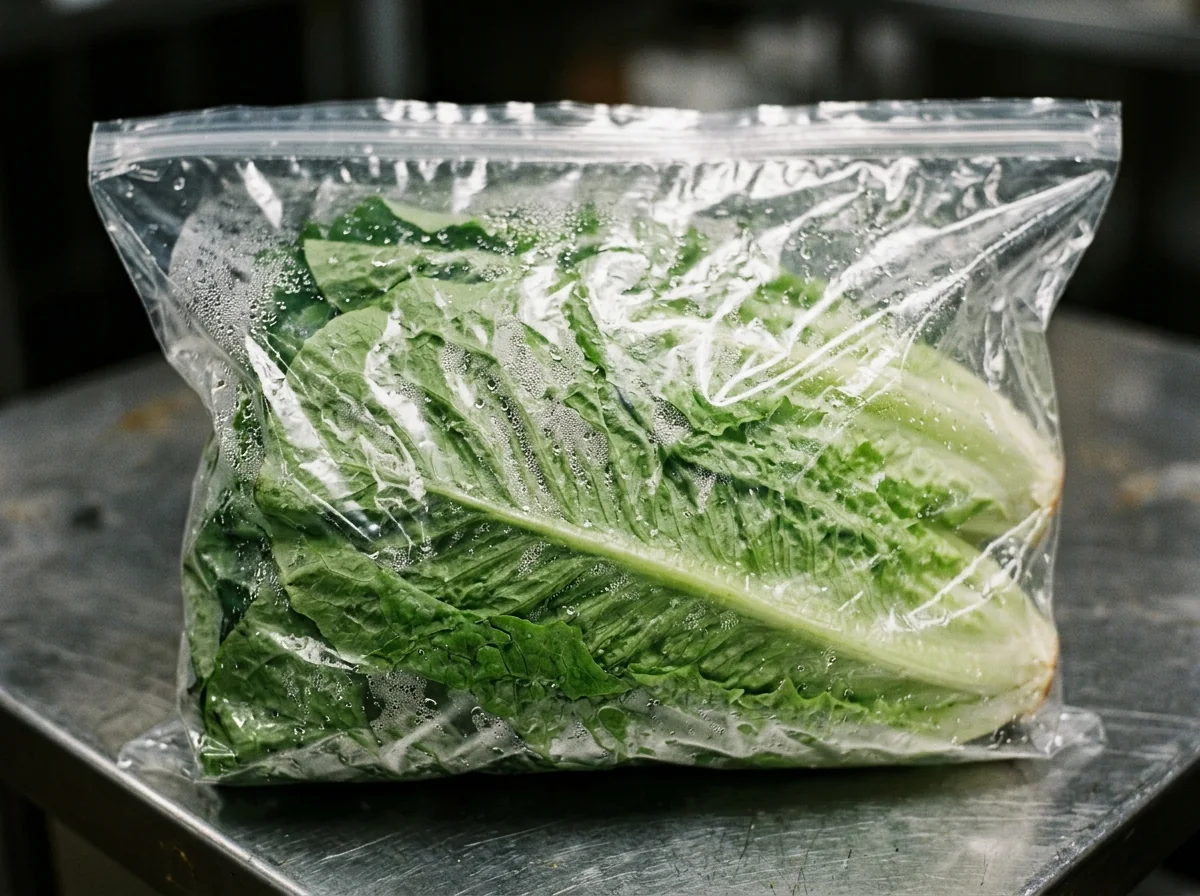 Small droplets on the inside of a clear sealed bag around green lettuce leaves