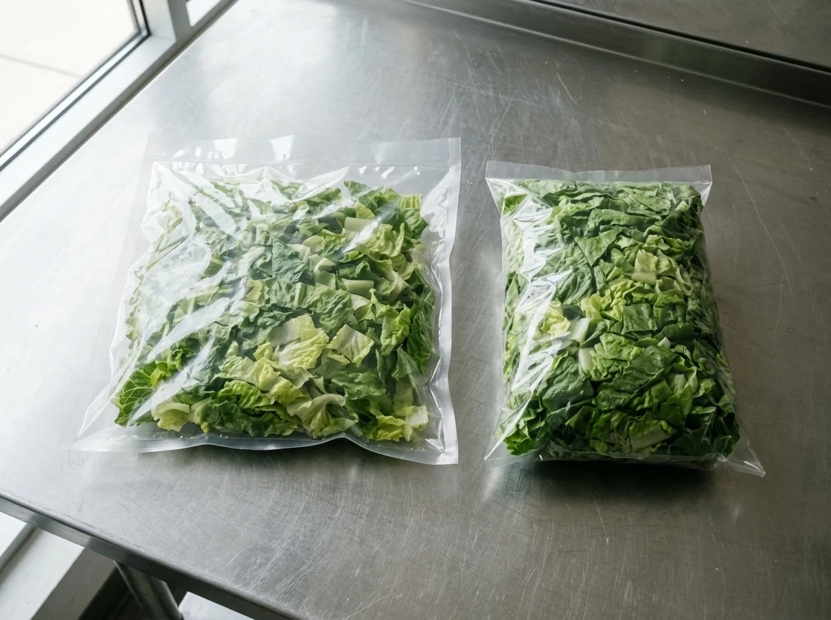 Two clear sealed bags of chopped lettuce with different footprints and fullness on a steel table