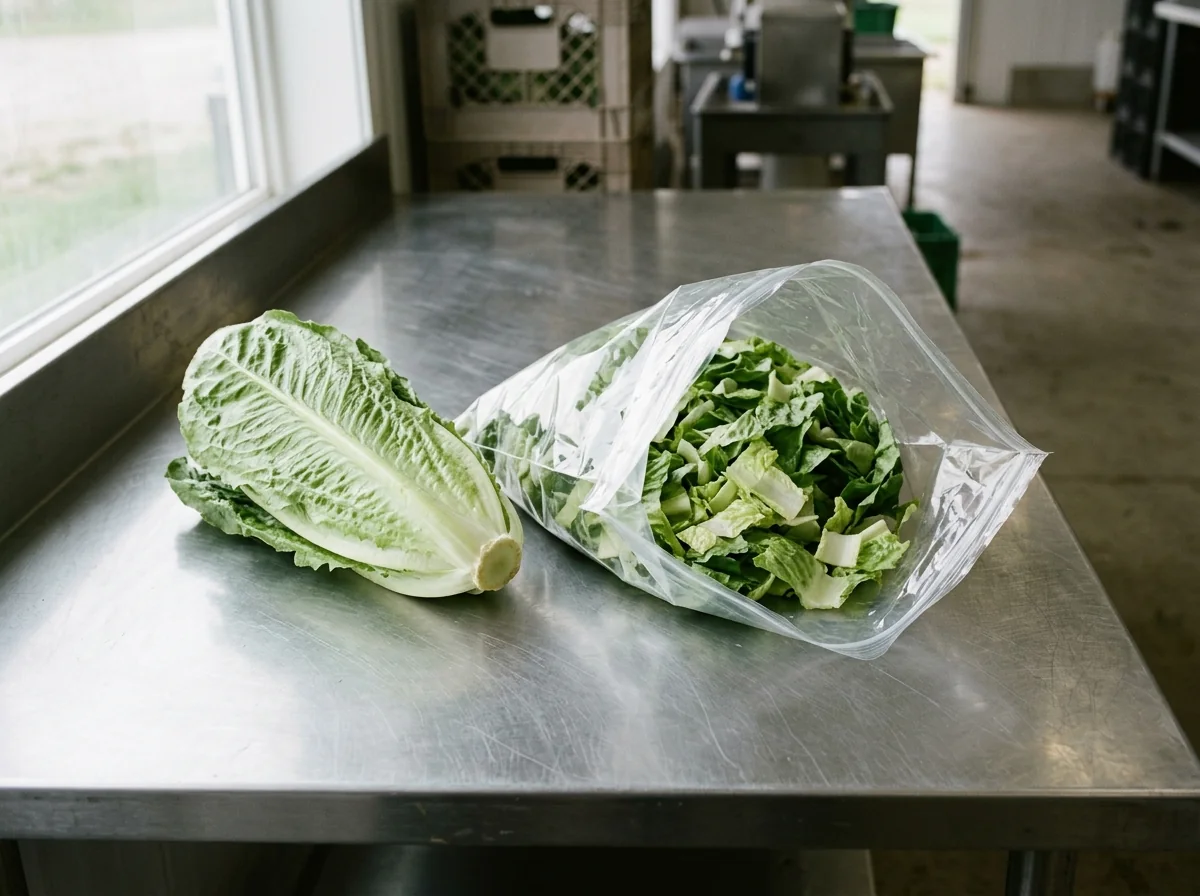 A romaine lettuce section beside an open clear bag of chopped leaves on a steel table