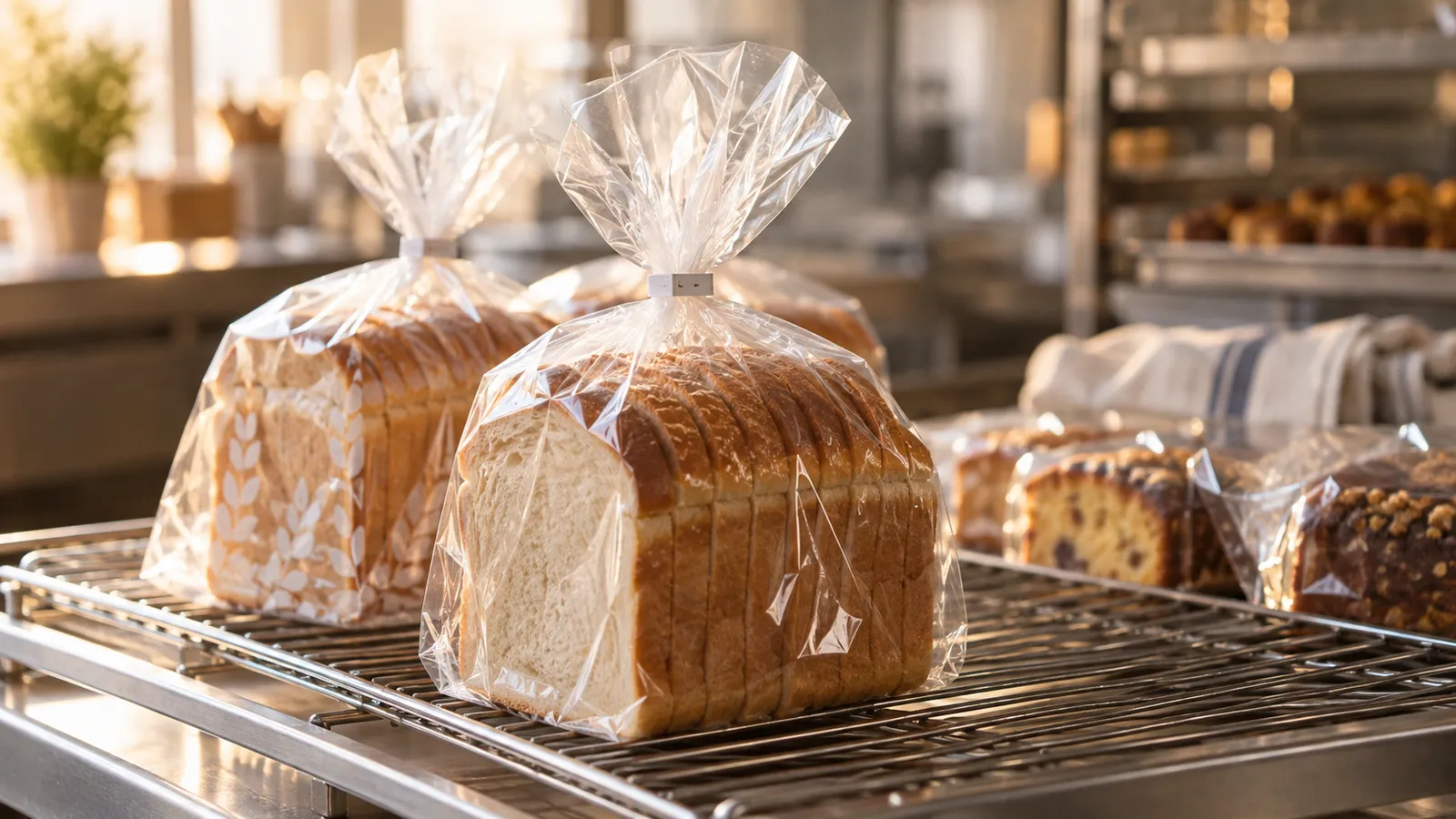 Bagged bread loaves and wrapped cakes on a bakery rack