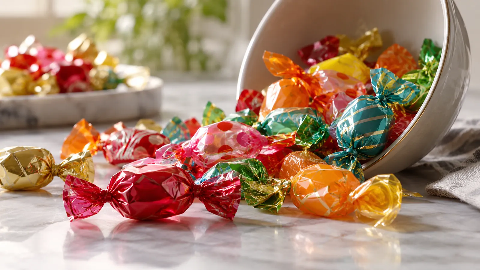 Twist-wrapped hard candies in metallic and clear film in a bowl