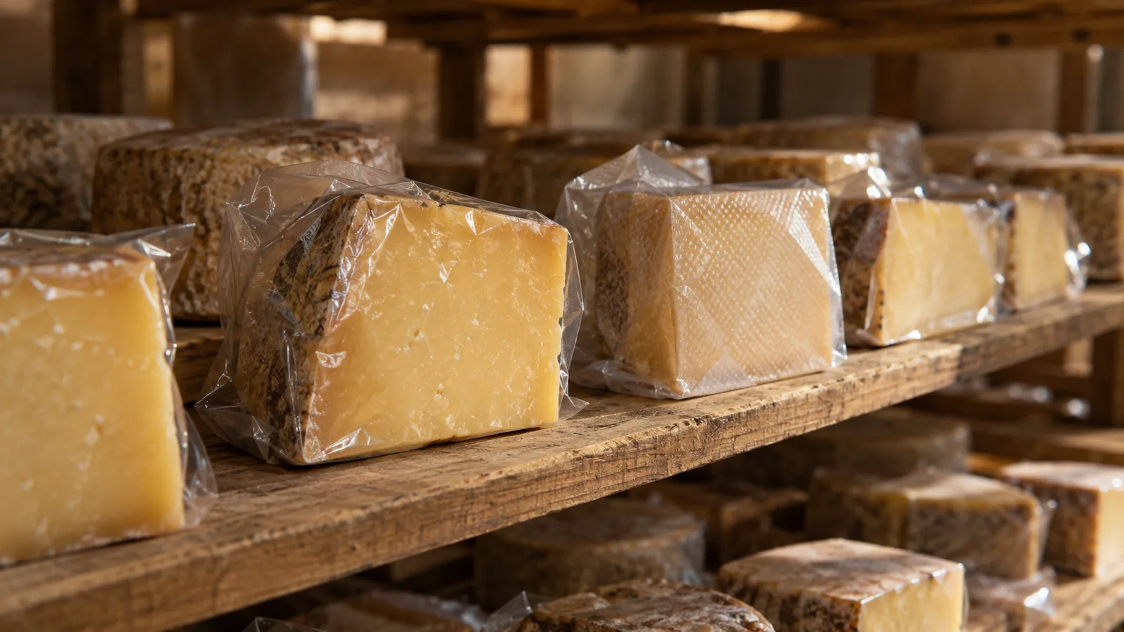 Vacuum-packed cheese blocks on a shelf in a ripening room