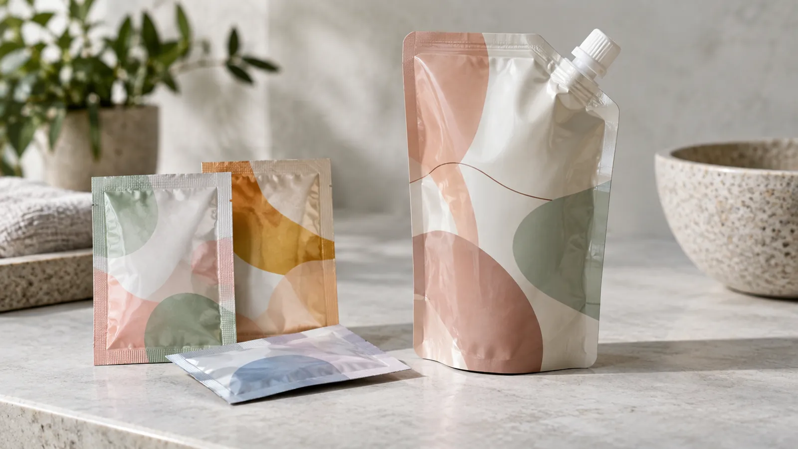 Cosmetic sachets and a refill pouch on a pale surface