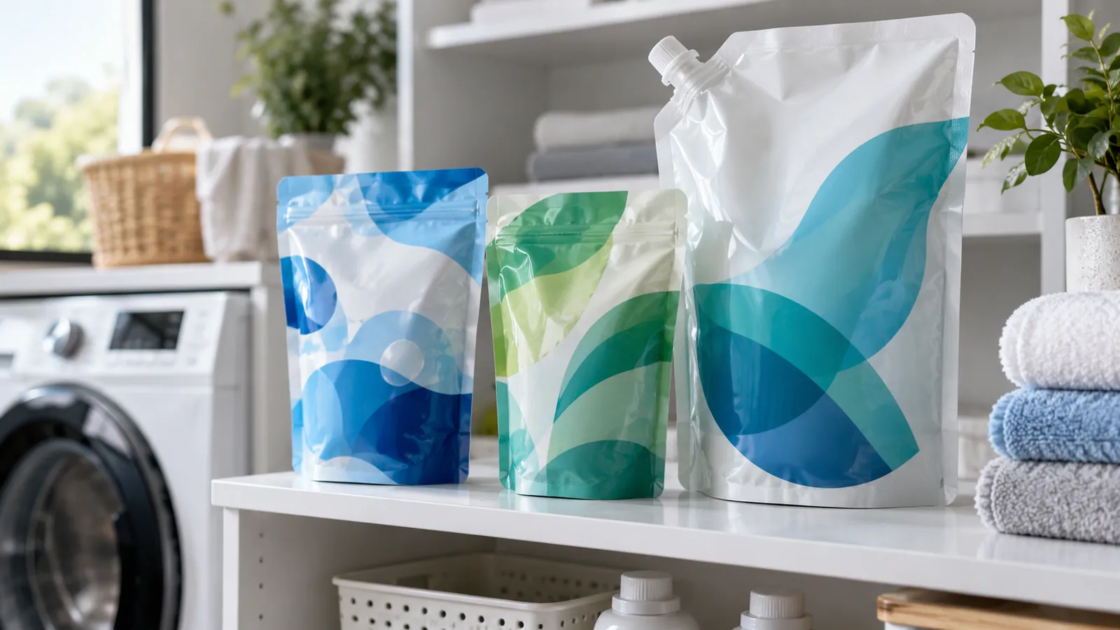 Detergent and refill stand-up pouches on a utility-room shelf