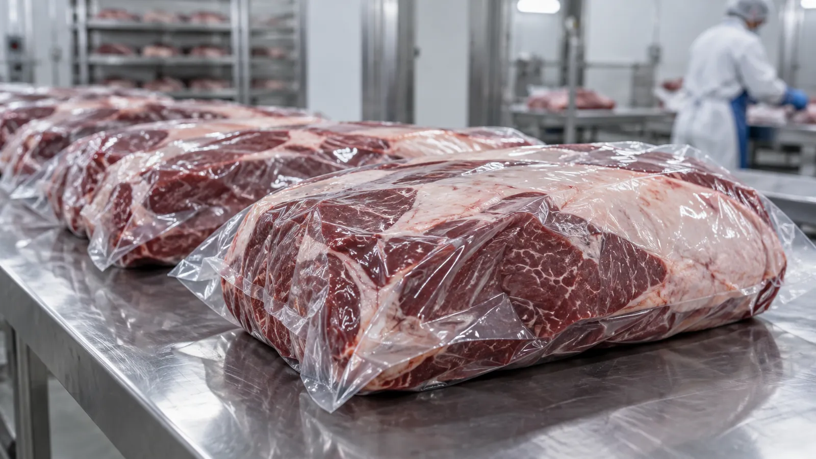 Vacuum-packed beef cuts in shrink bags in a cold processing room