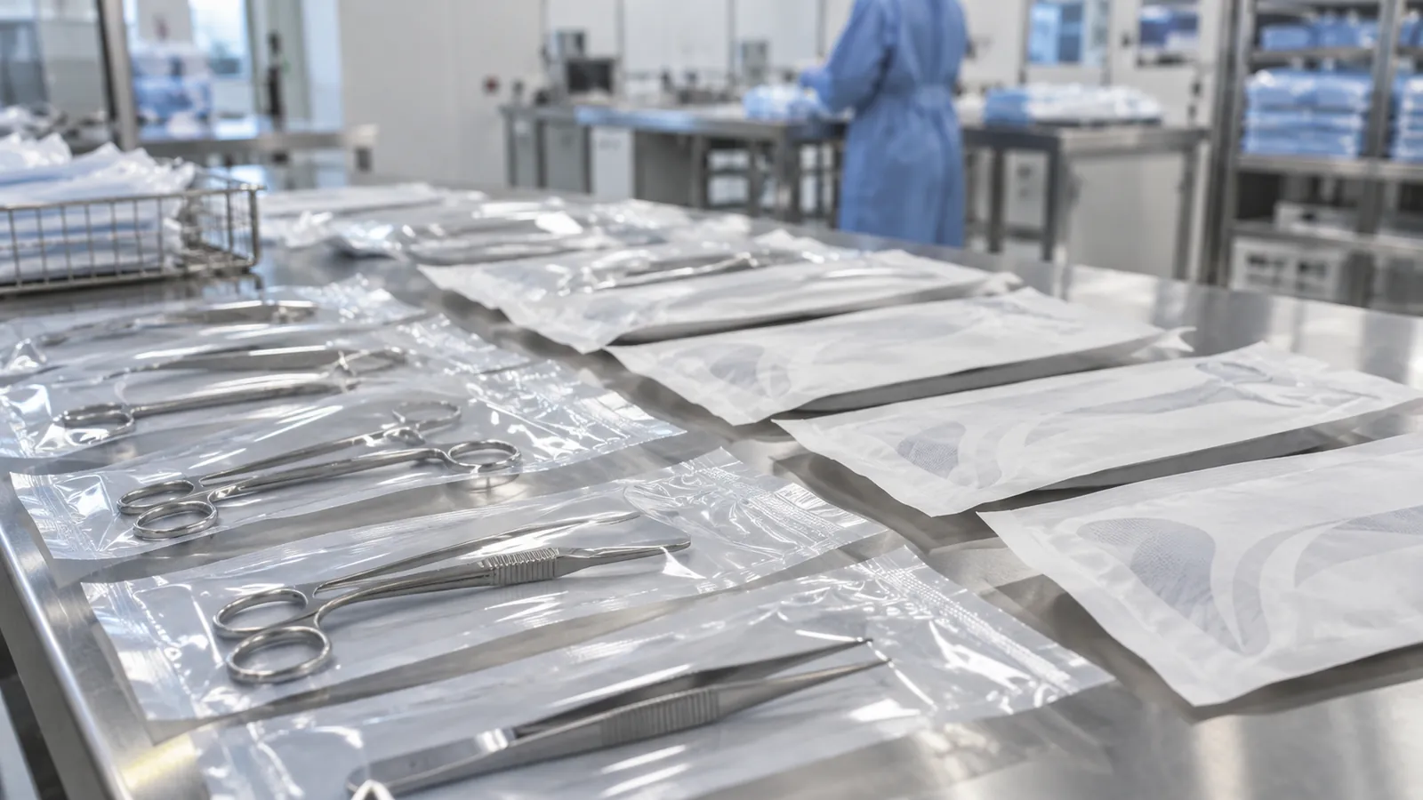 Sealed medical peel pouches with clear film and white paper on a steel table