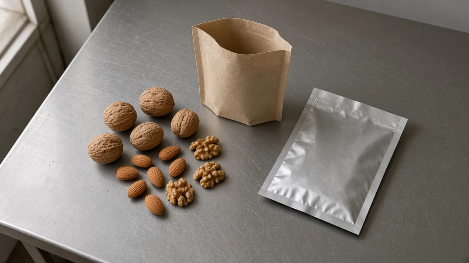 In-shell walnuts and almonds, shelled walnut pieces, an open unprinted paper pouch and a closed unprinted silver pouch on a steel table