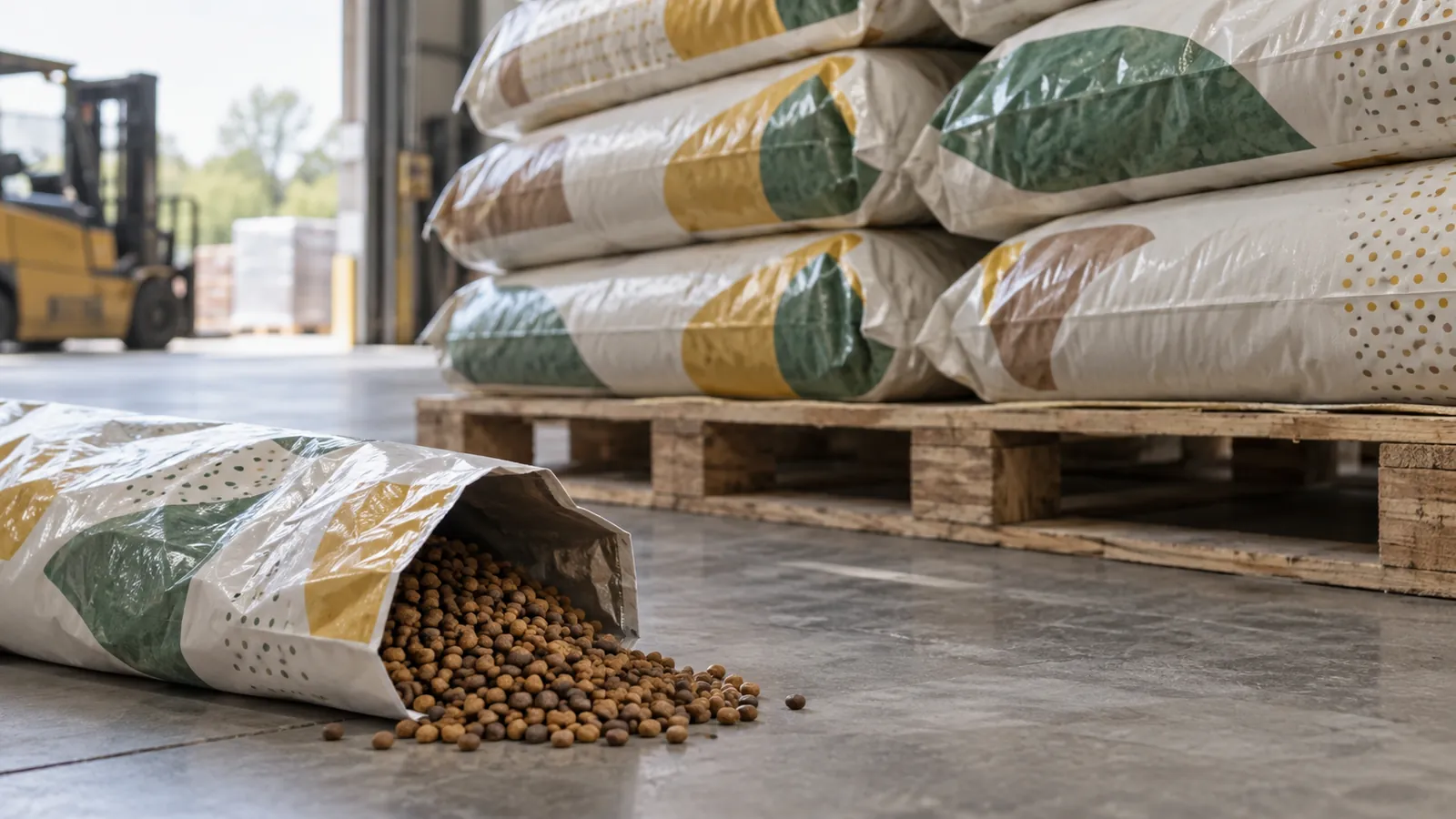 Pallet of filled dry pet food bags in a warehouse with loose kibble in the foreground