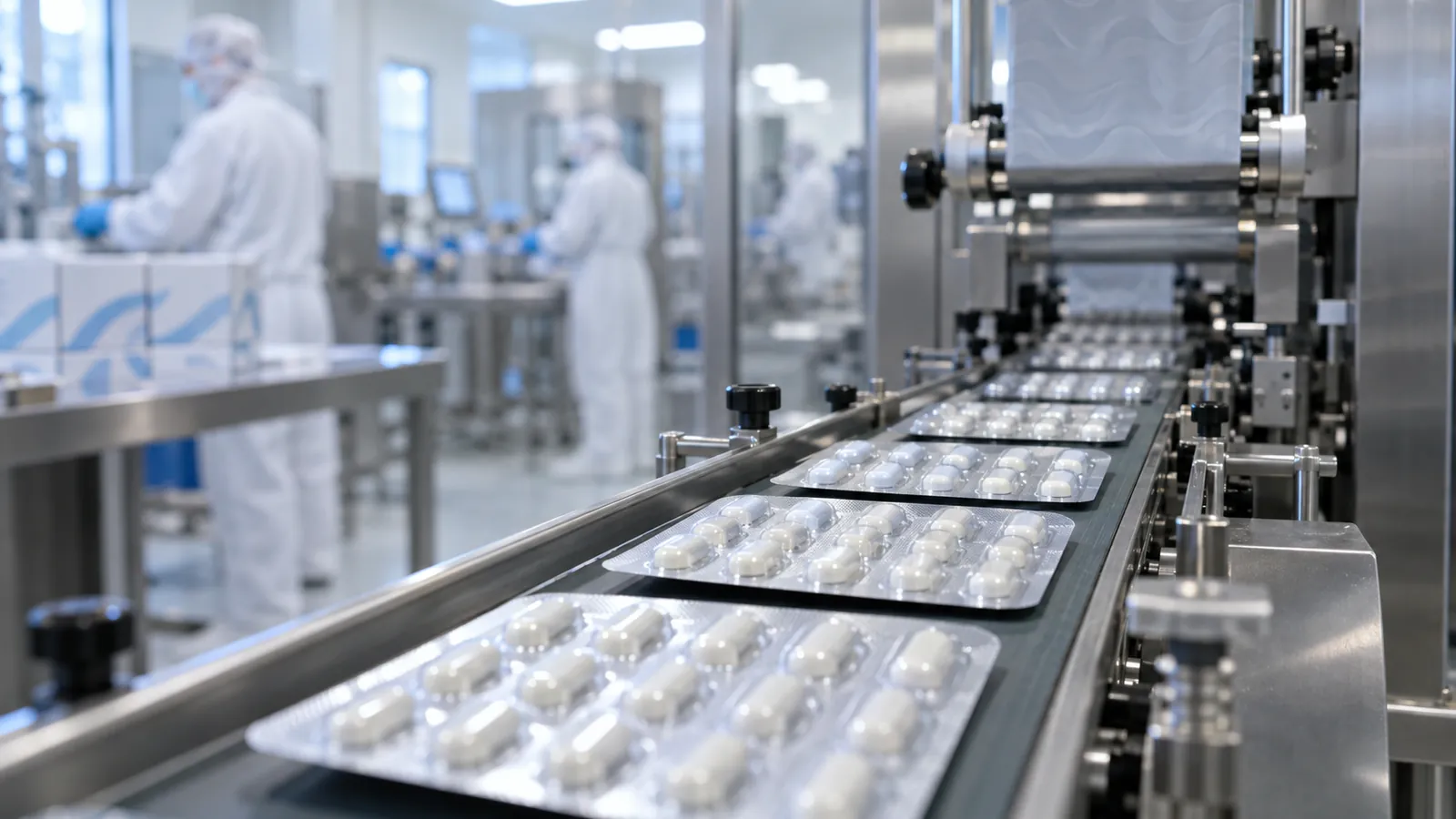 Blister packs on a pharmaceutical packaging line in a clean room