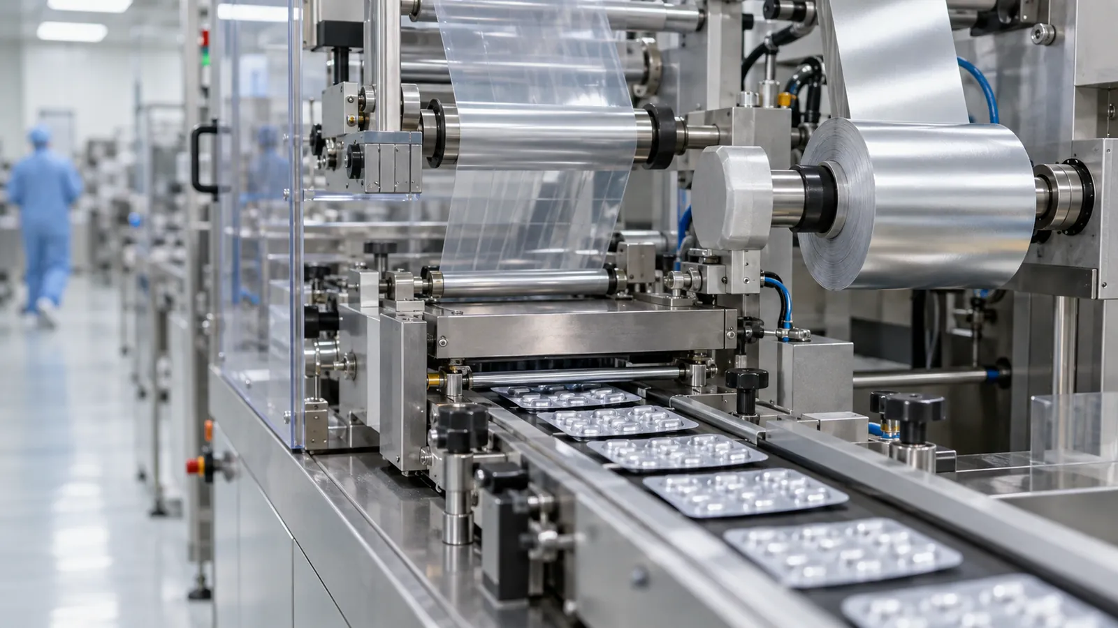 Blister packaging machine running forming film and foil lid with finished cards