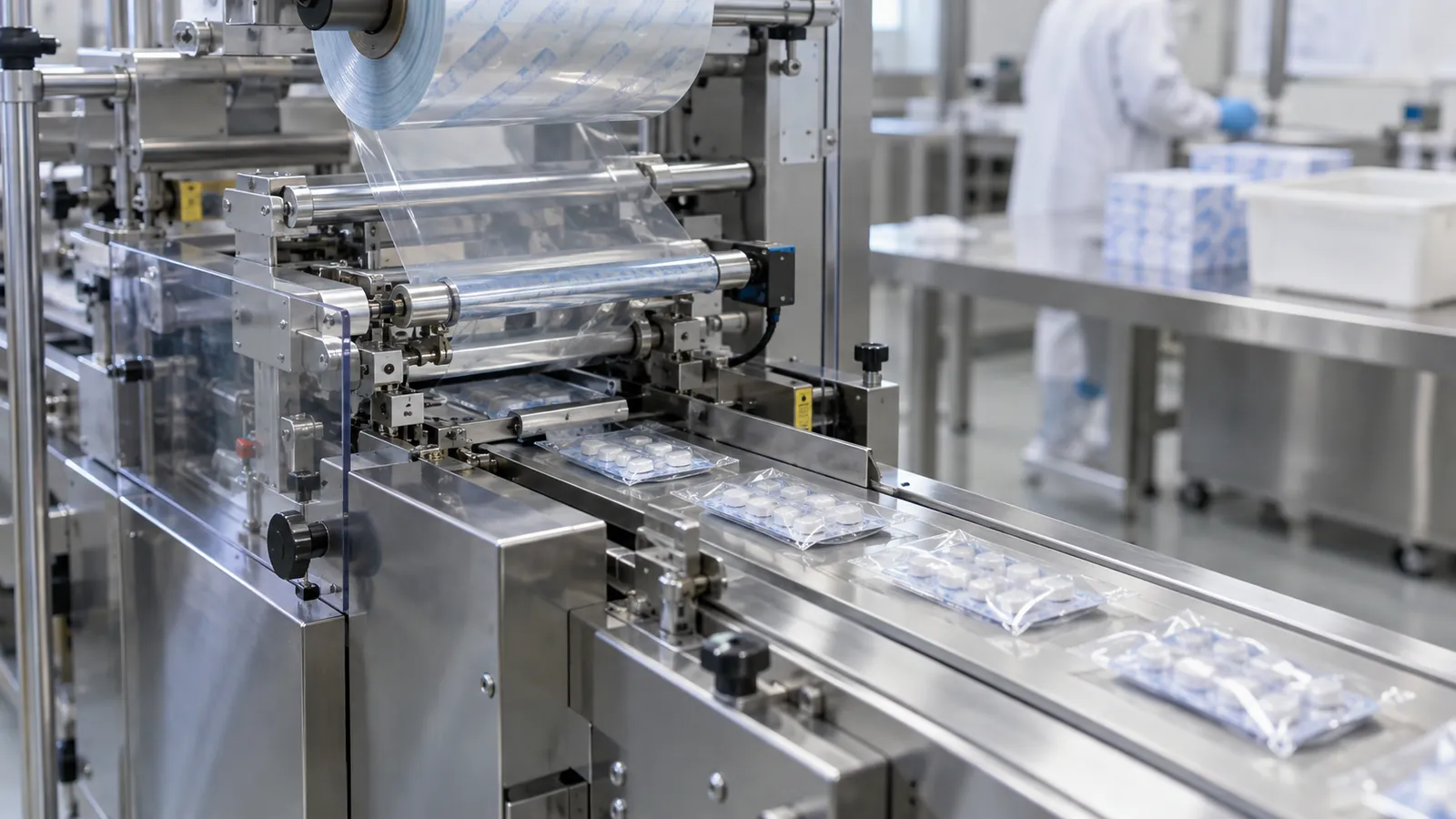 Horizontal flow wrapper producing film-wrapped blister packs in a clean room