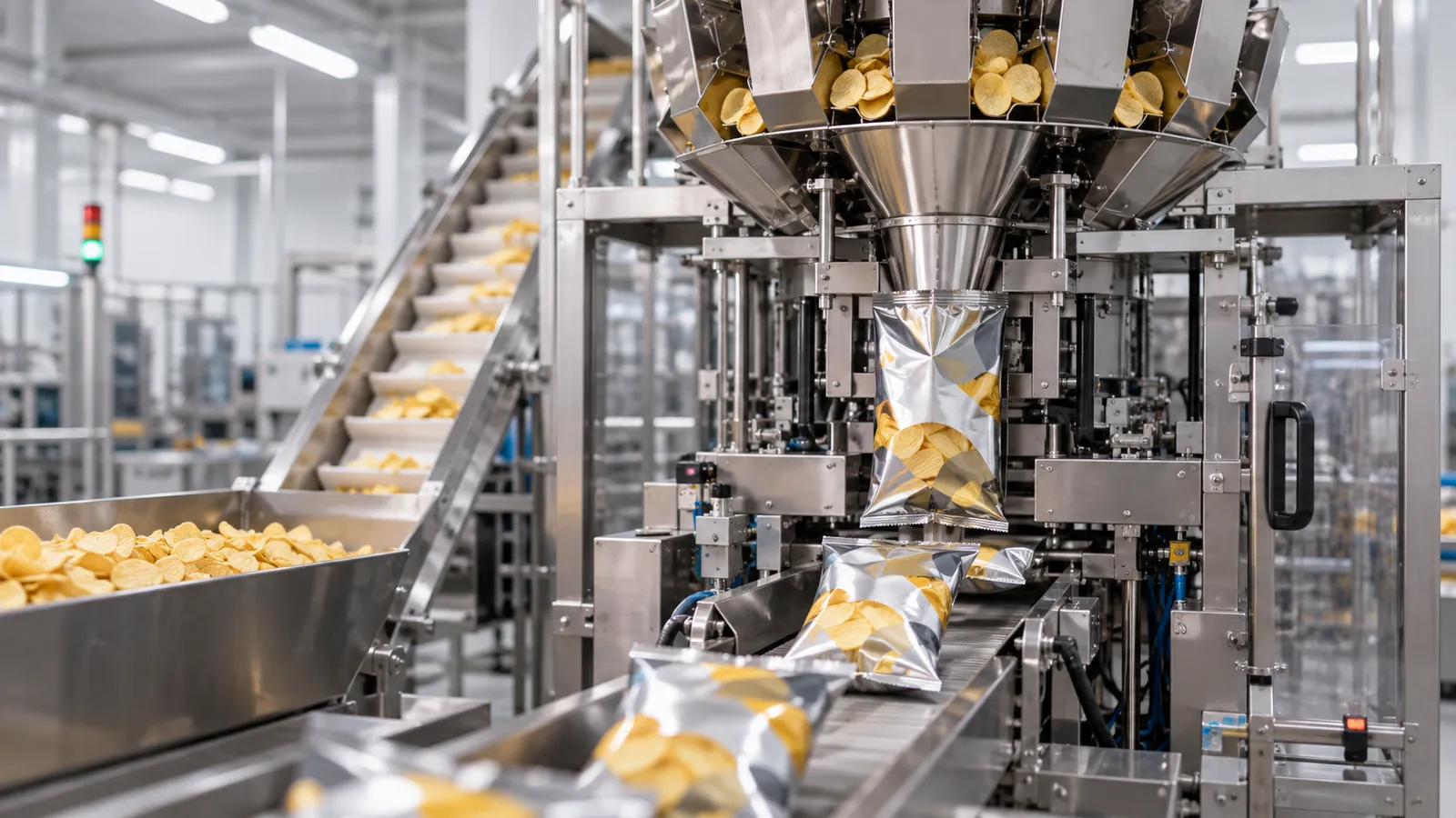 Metallized snack bags being made on a VFFS machine under a multihead weigher