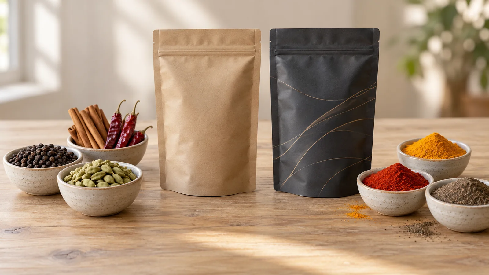 Bowls of whole peppercorns, cardamom, cinnamon and dried chillies beside ground spice powders and two sealed unbranded refill pouches