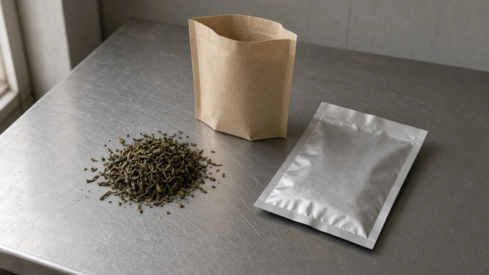 Dry tea leaves, an unprinted paper pouch and an unprinted metallic pouch on a steel table