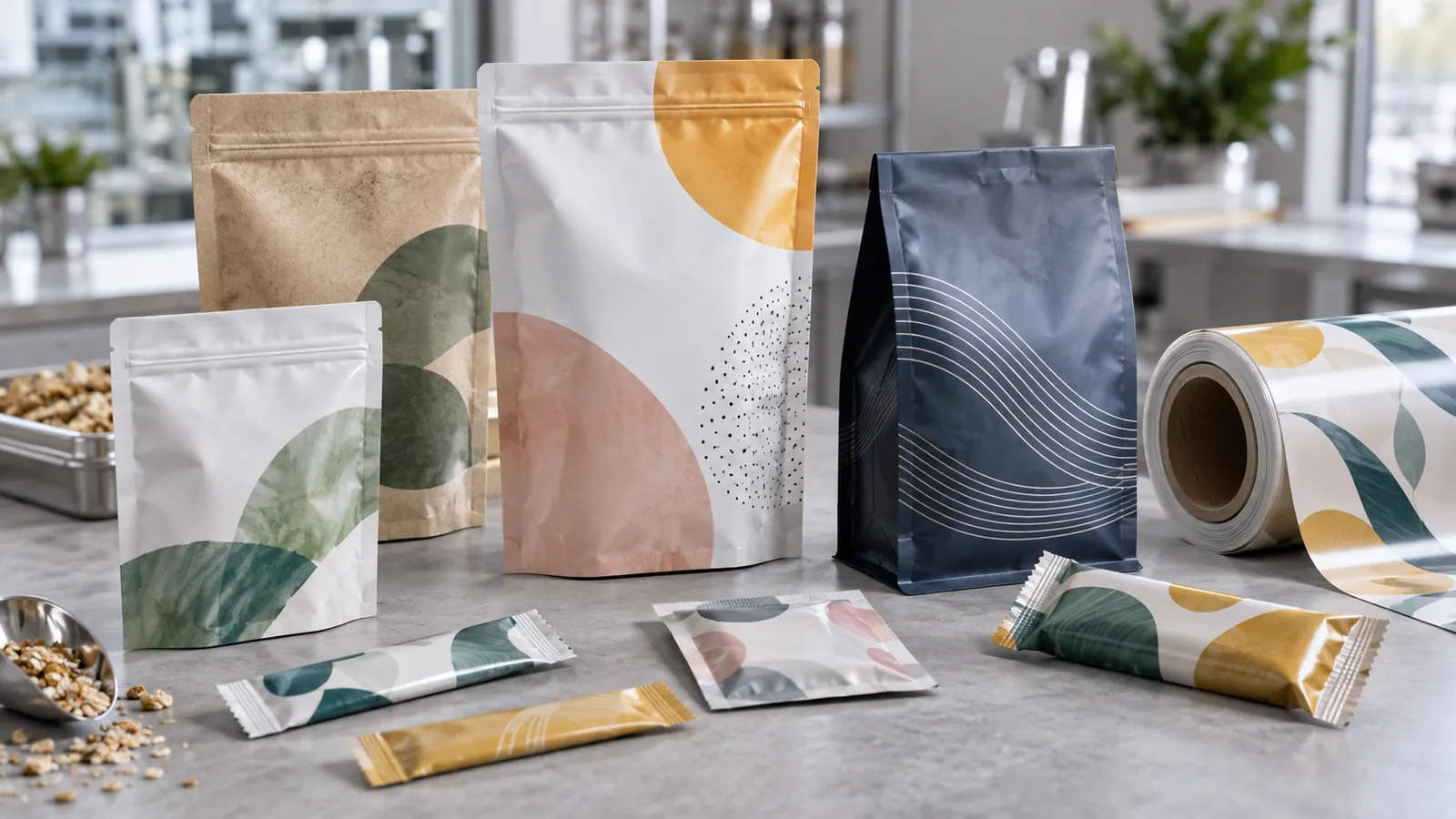 Assorted flexible packages: stand-up pouches, a flat-bottom bag, sachets, stick packs and a roll of printed film