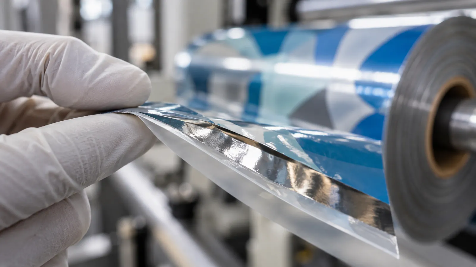 Cut edge of a multilayer laminated packaging film held in gloved fingers