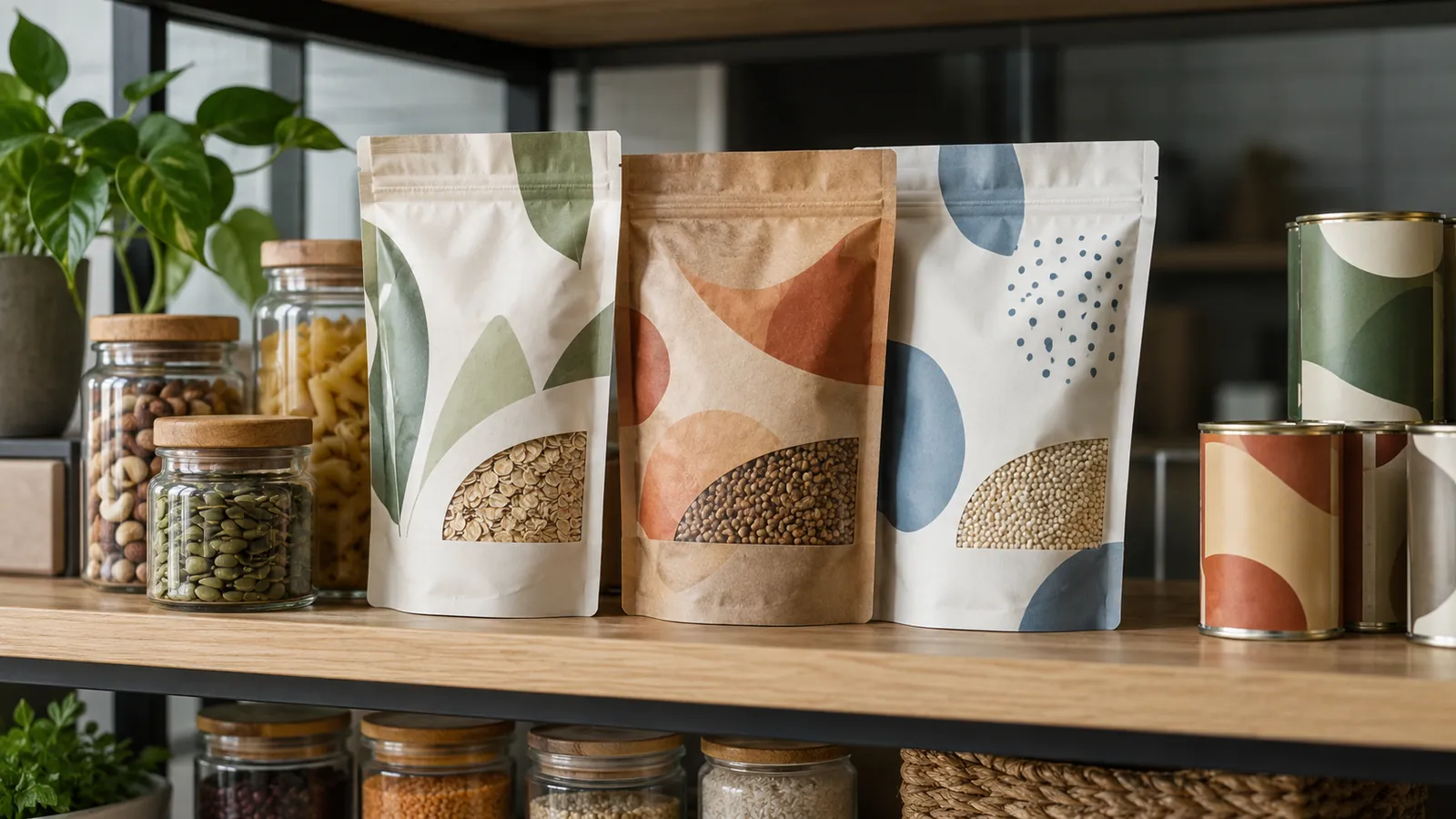 Pouches placed next to jars and cans on a table