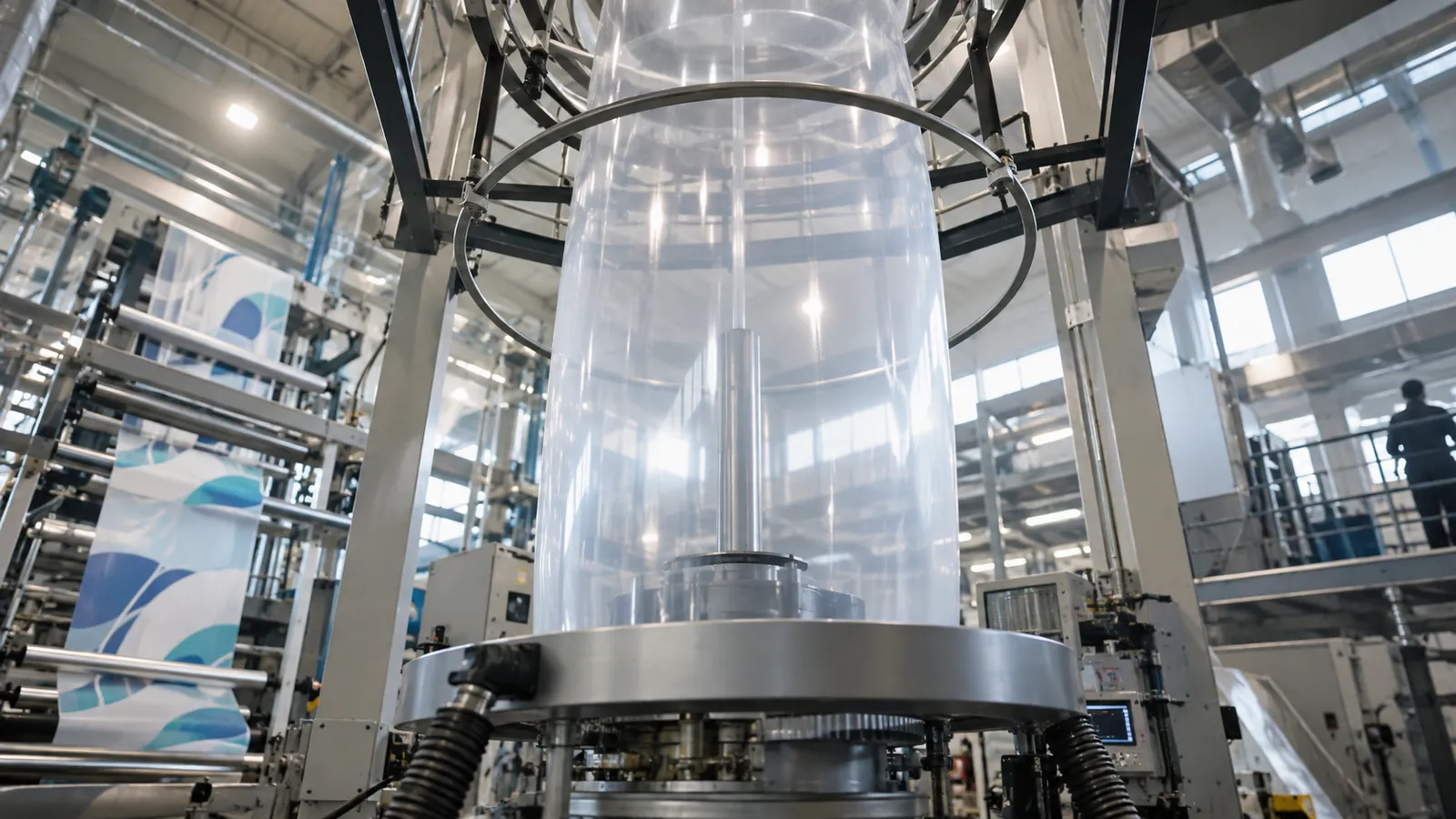 Blown film extrusion tower making plastic film