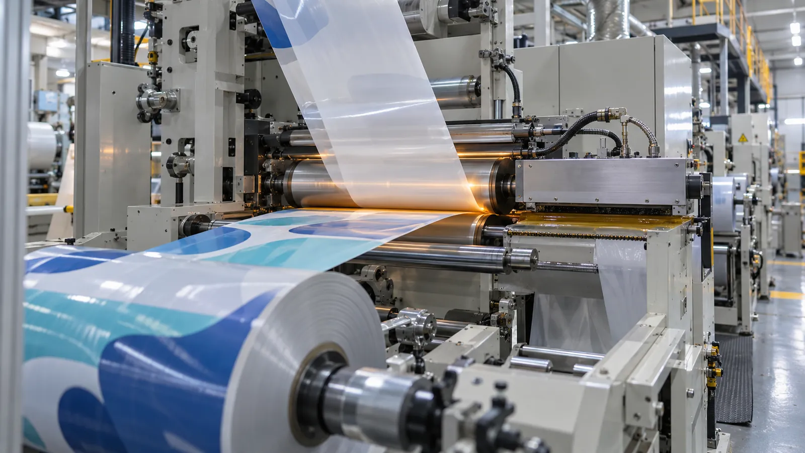 Two film webs joining at a laminator nip roller