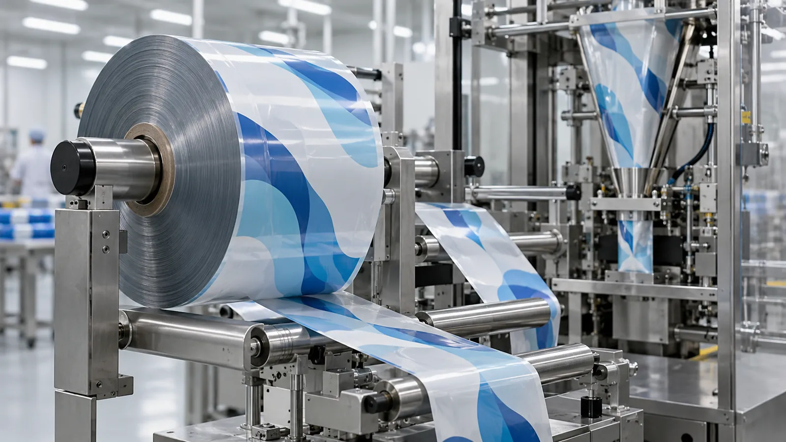 Printed film rollstock on a packaging machine unwind stand