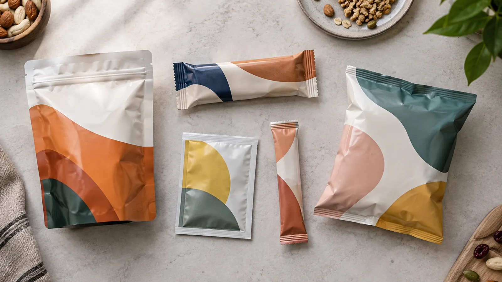 Assorted flexible packaging formats arranged on a table
