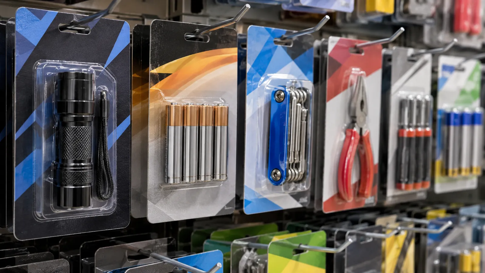 Blister cards with small tools hanging on a retail display