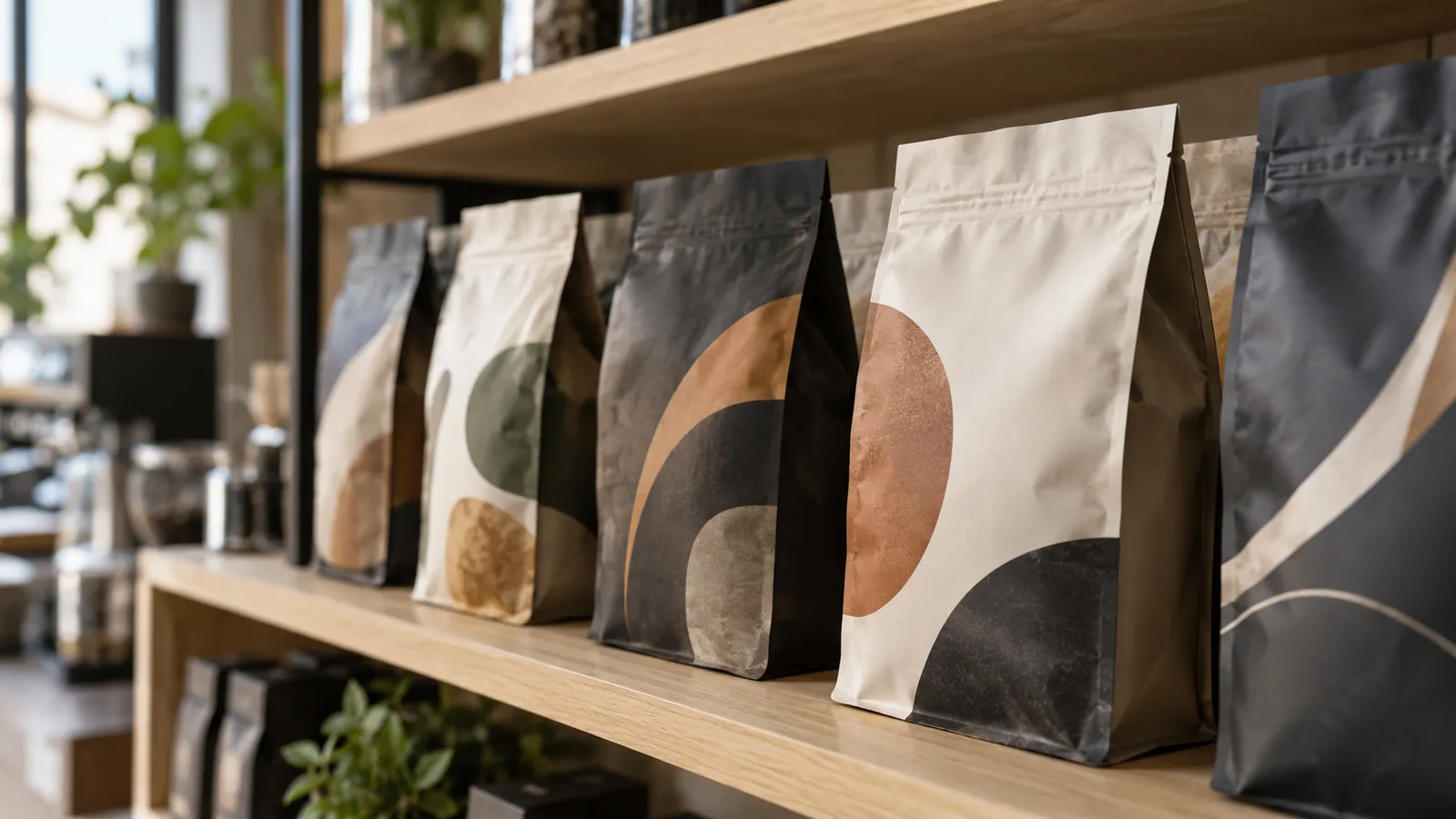 Rows of box-style flat bottom pouches standing upright on a shelf