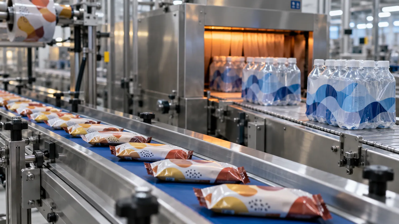 Flow-wrapped bars and shrink-wrapped bottle multipacks on adjacent conveyors