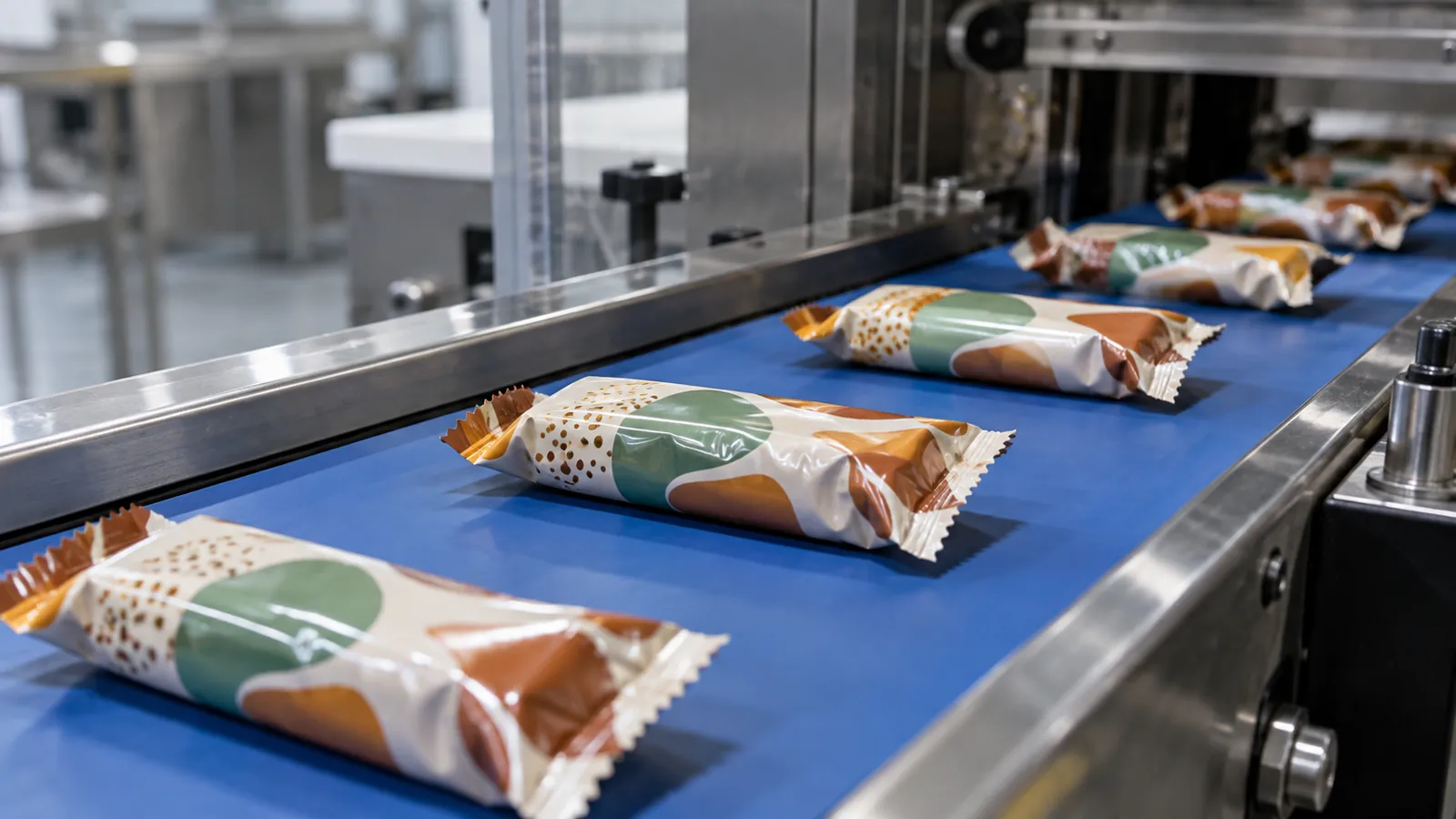 Flow-wrapped bars on the outfeed conveyor of a horizontal flow wrapper