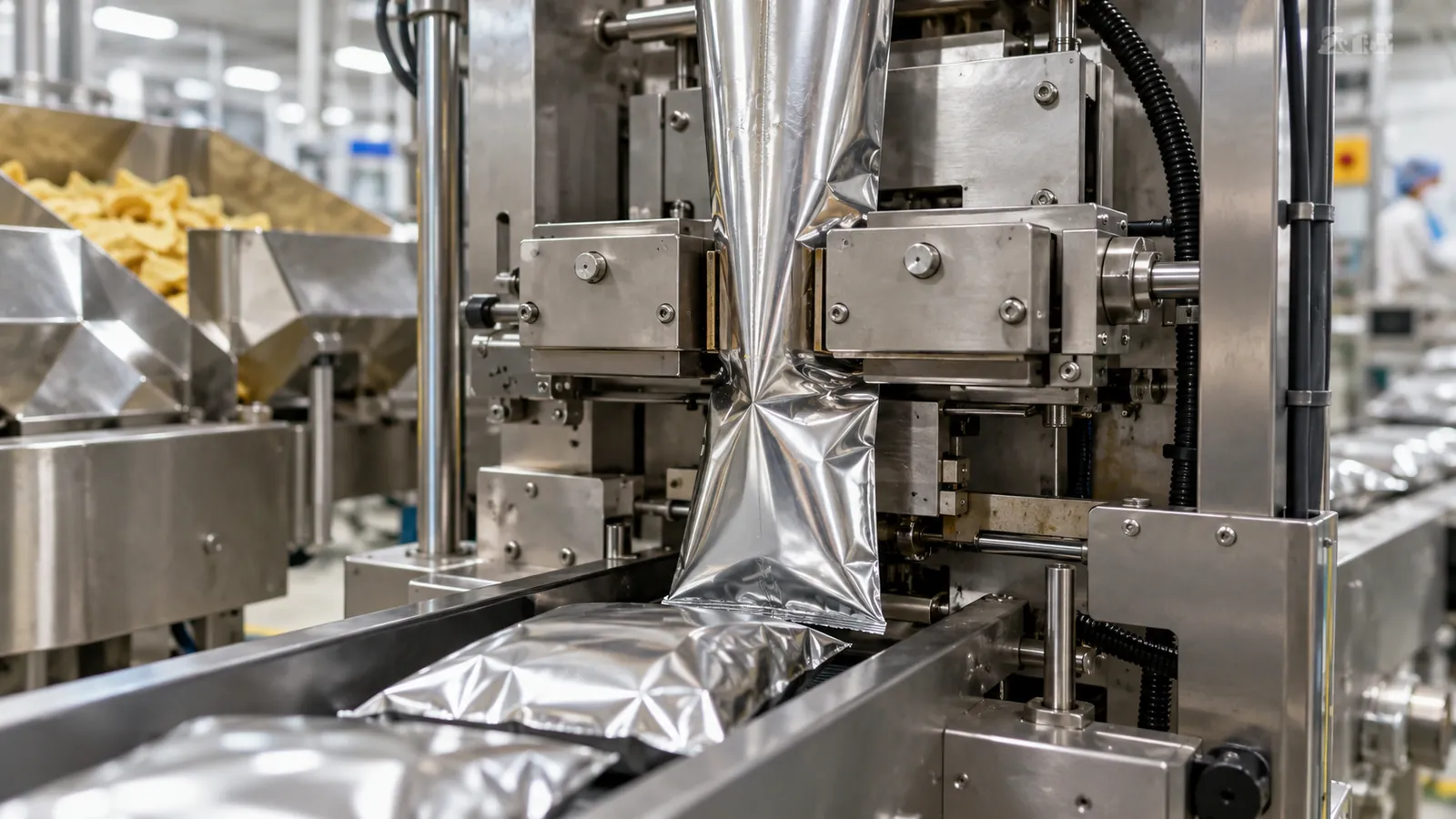 Pillow bags being formed on a vertical form fill seal machine