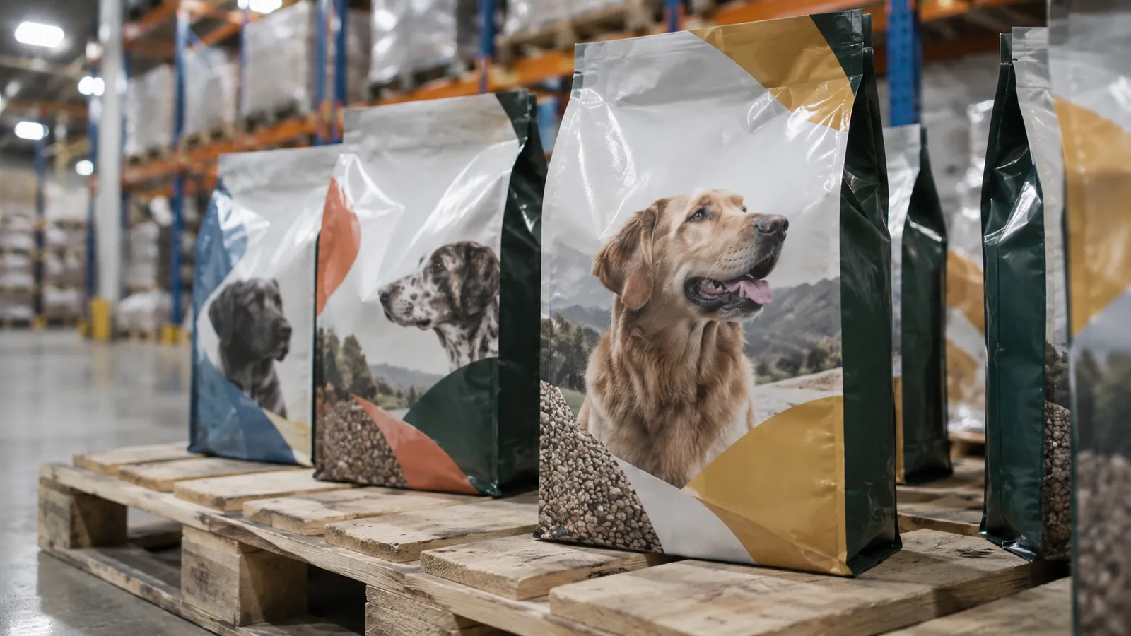 Squared quad seal bags standing on a pallet