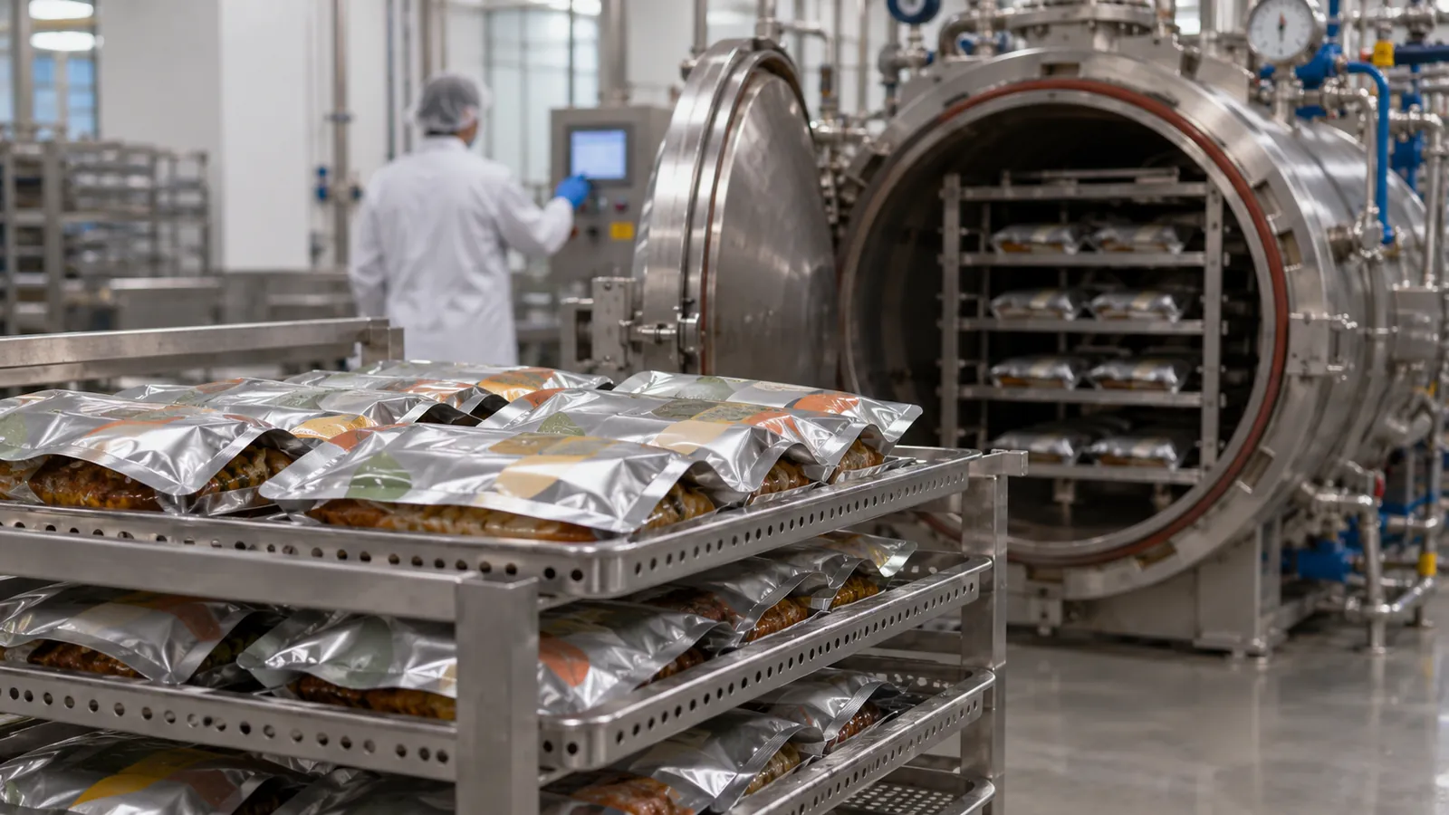 Retort pouches on trays beside a retort sterilizer