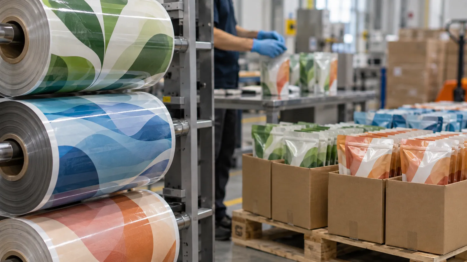 Rolls of printed film and cartons of premade pouches stored side by side