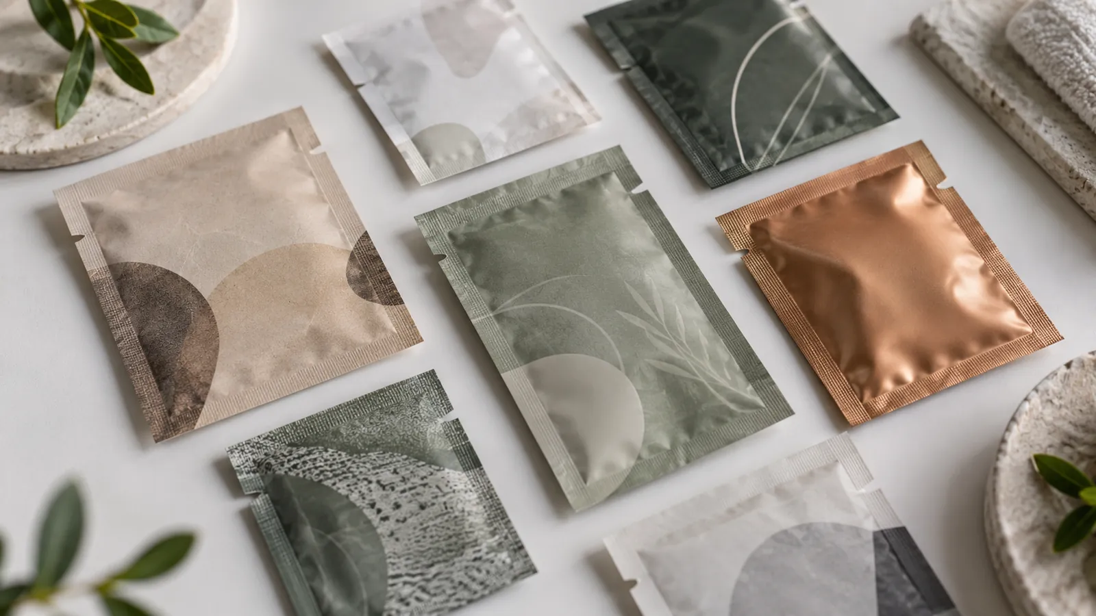 Assorted small flat sachets with tear notches arranged on a light surface