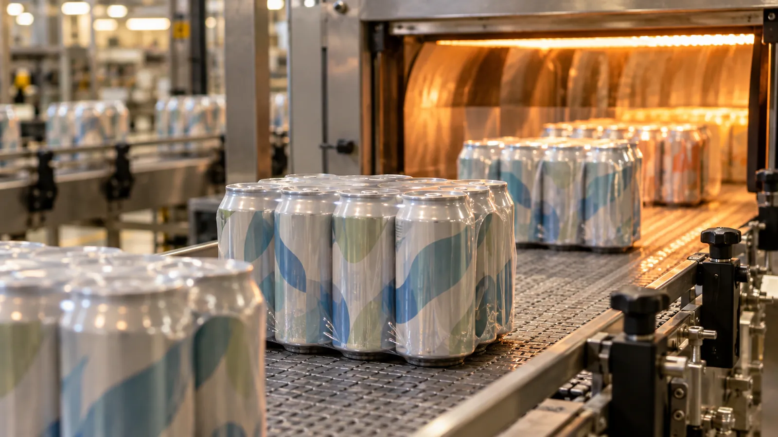 Shrink-wrapped multipacks leaving a heat tunnel on a conveyor