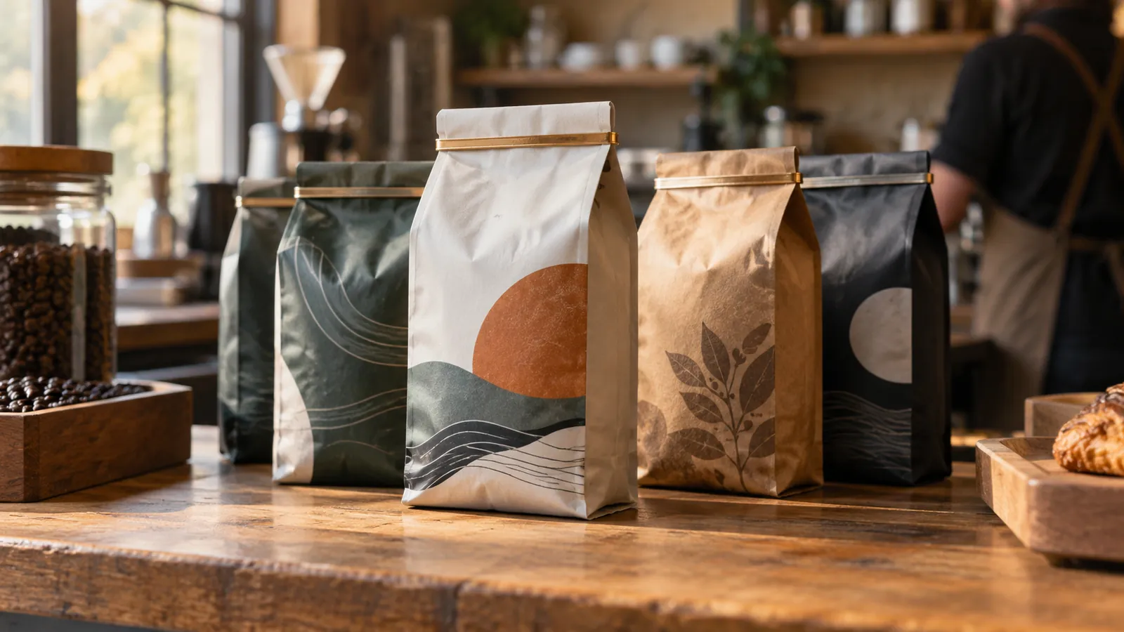 Filled side gusset bags with folded tops on a wooden counter