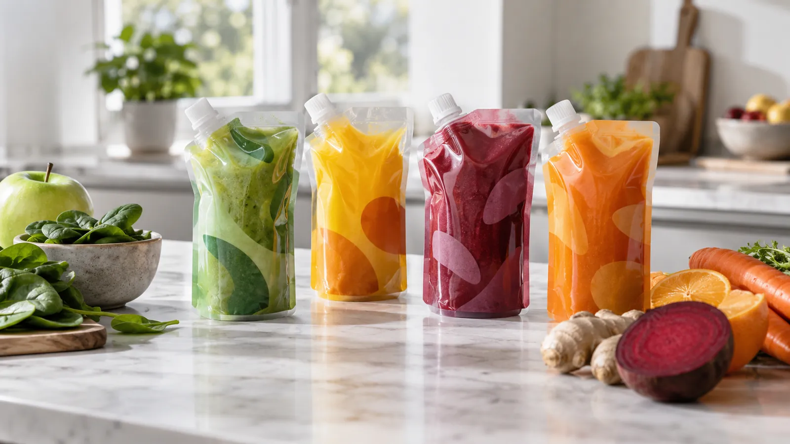 Spouted pouches with corner screw caps on a counter