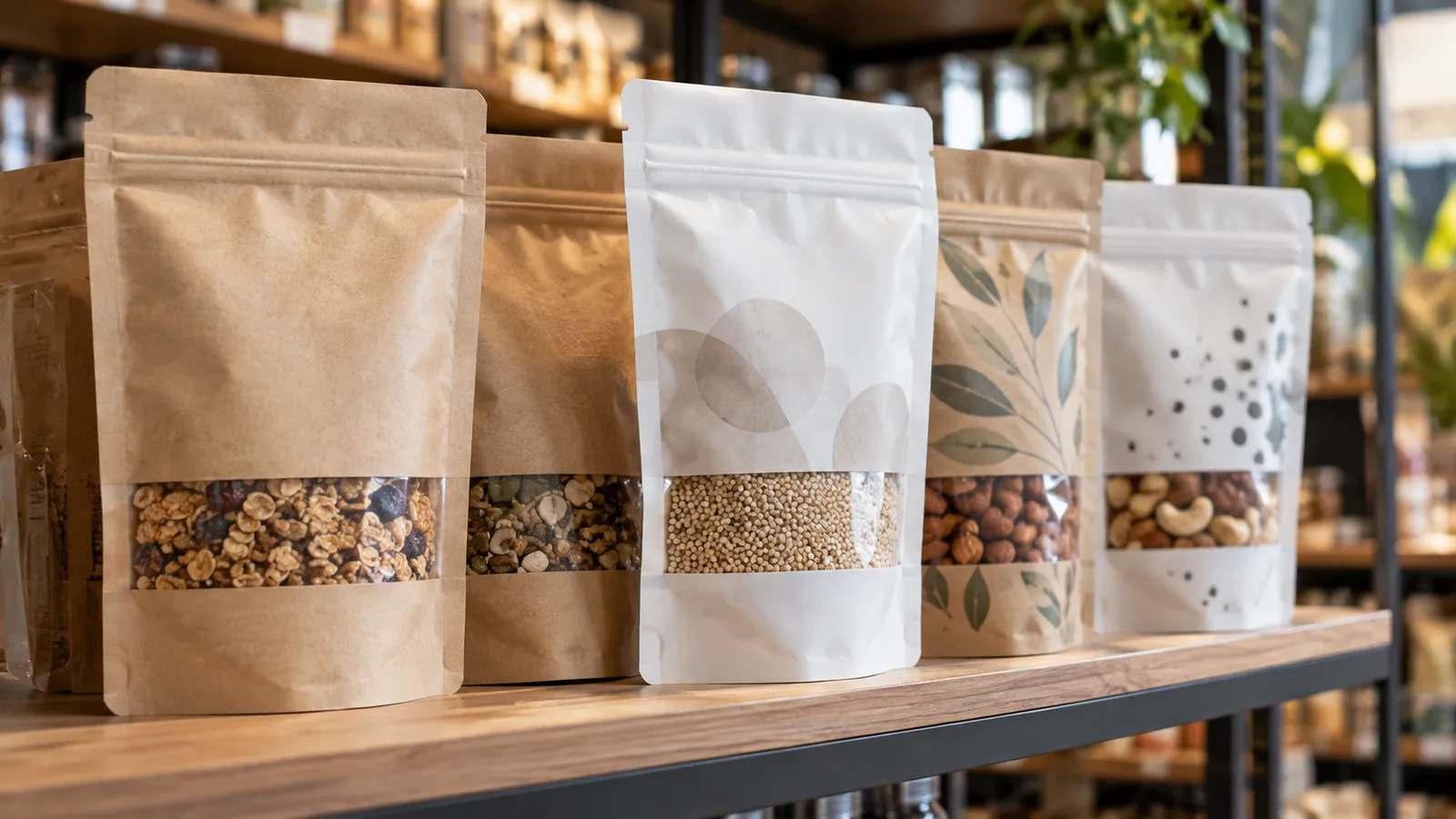 Stand-up pouches with zippers on a shelf