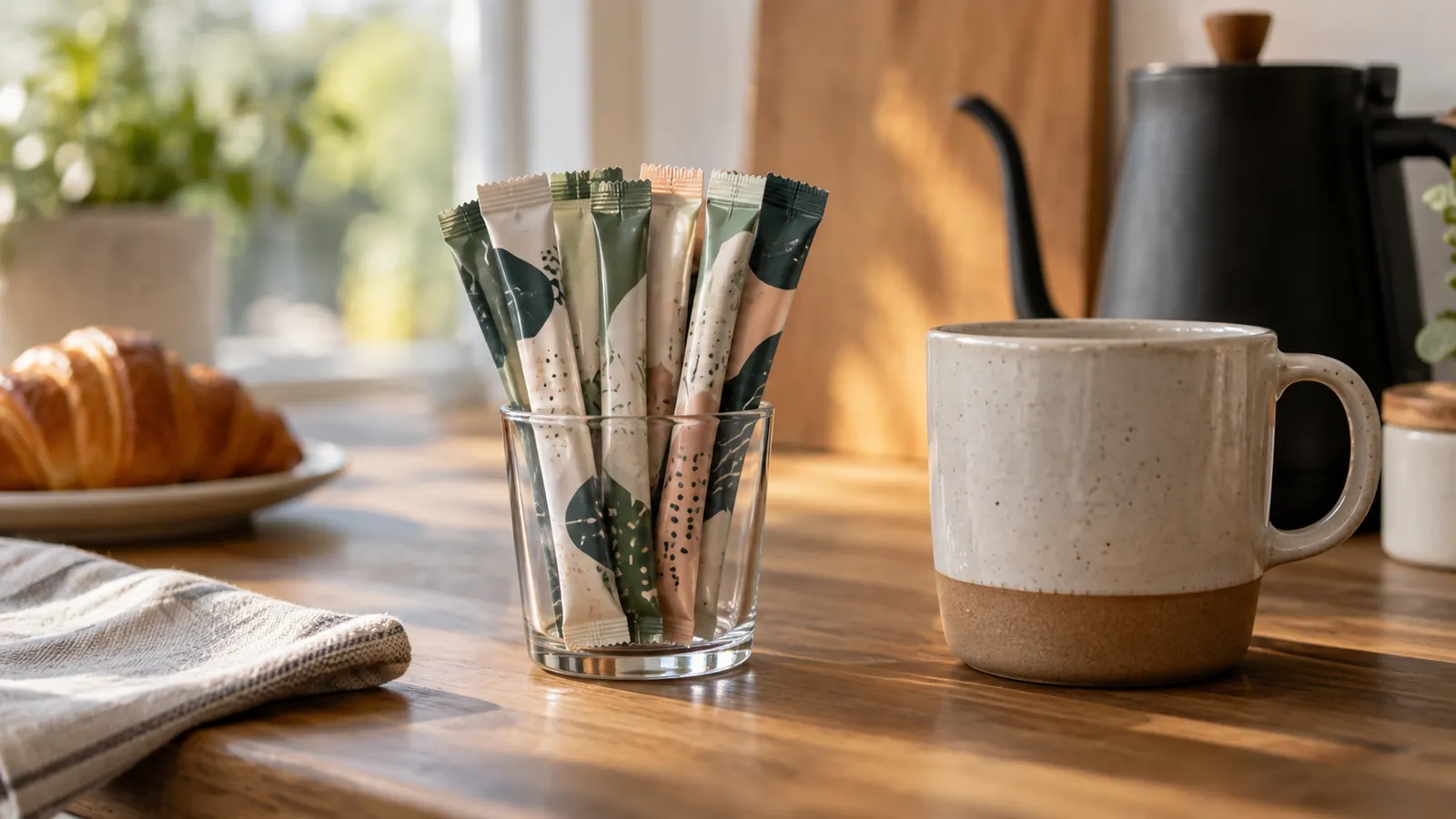 Slim stick packs standing in a glass next to a ceramic mug