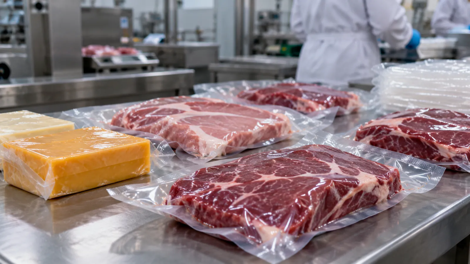 Vacuum-packed meat and cheese in clear pouches on a steel table