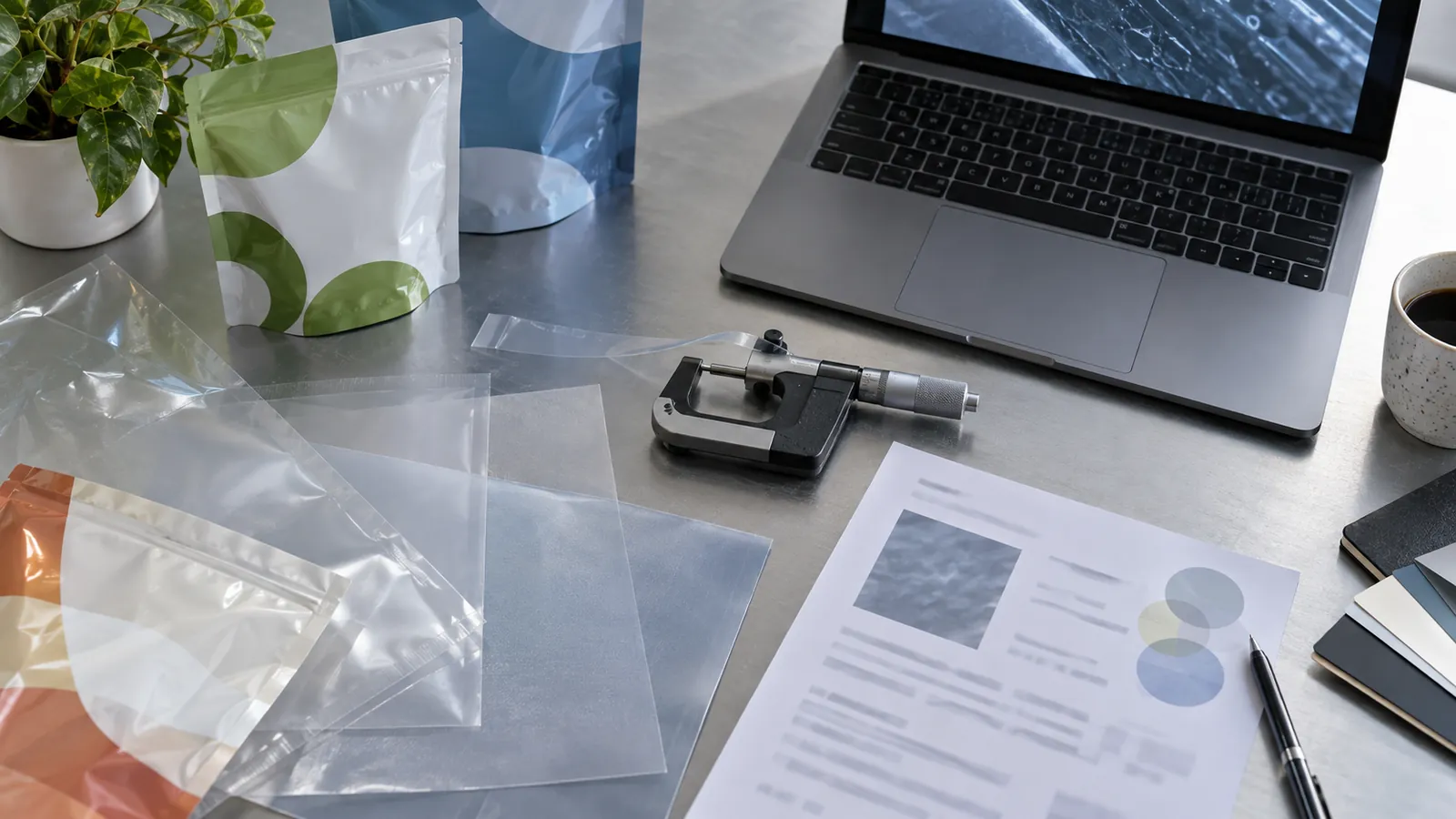 Packaging engineer's desk with film samples, a micrometer and pouches