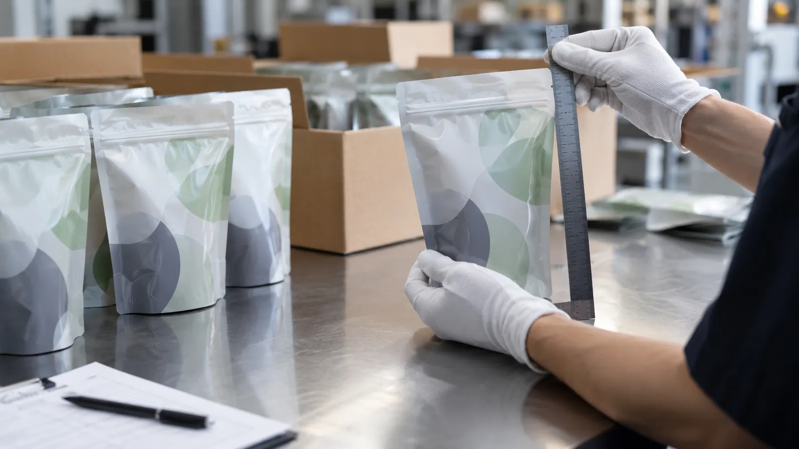 Inspecting a first batch of printed pouches with a ruler