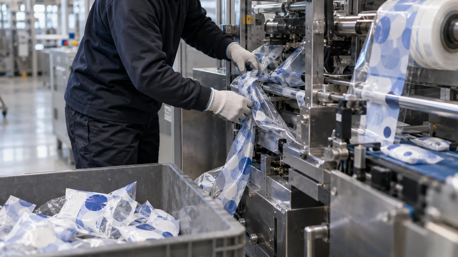 Operator clearing jammed film from a packaging machine next to a scrap bin