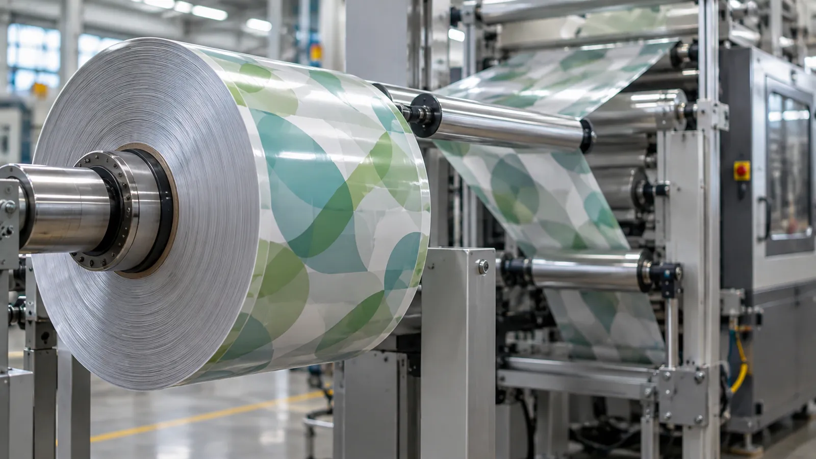 Packaging film roll on a machine unwind stand with dancer rollers