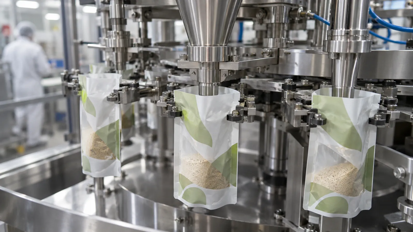 Rotary premade pouch machine holding stand-up pouches open for filling
