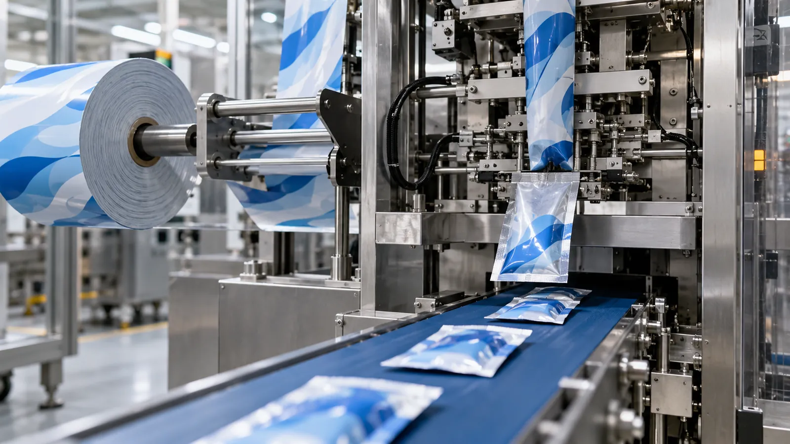 Sachet machine feeding laminate film and discharging finished sachets onto a conveyor