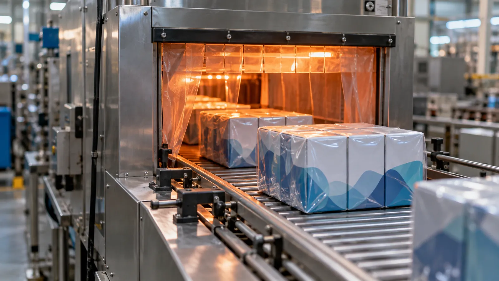 Shrink-wrapped cartons exiting a hot-air shrink tunnel on a conveyor