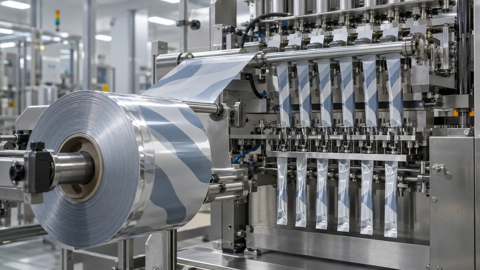 Multi-lane stick pack machine with a wide film reel feeding narrow forming tubes