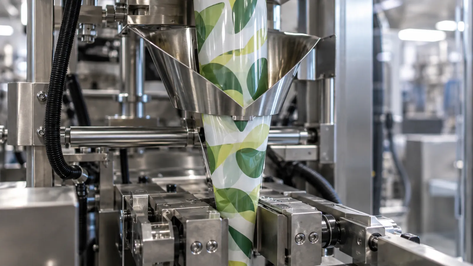 Forming collar of a vertical form fill seal machine with film wrapping the fill tube