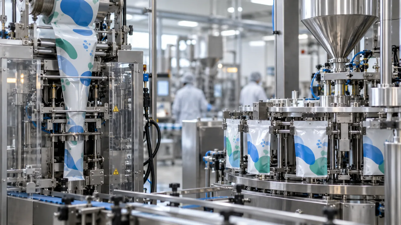 A VFFS machine and a rotary premade pouch filler in the same packaging hall